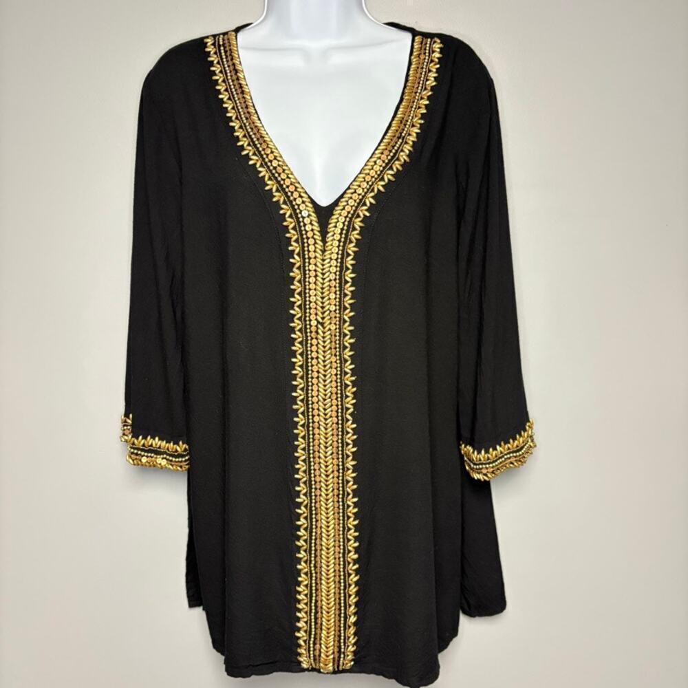 Mira Gold Beaded Black V-Neck 3/4 Sleeve Beach Cover-Up Tunic Sz L